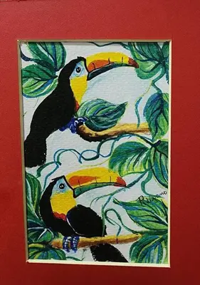 a painting of two birds sitting on a branch at La Casa Amarilla in Fortuna