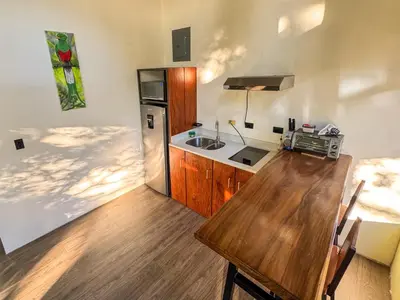 a kitchen with a wooden table and a refrigerator at Monte Green Villa Romántica con jacuzzi in Monteverde Costa Rica