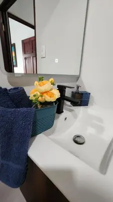 a bathroom sink with a bowl of fruit on a counter at Casa tipica in Fortuna