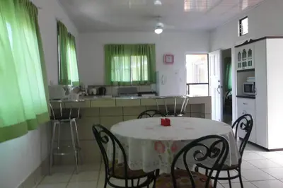 a kitchen with a table and chairs with green curtains at Apto D Laidman y Raabe SRL in Mercedes