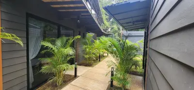 a house with a courtyard with palm trees in it at Hotel Evasión in Ojochal