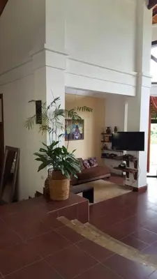 a living room with a couch and a potted plant at Casita en la finca Los Bambú in Jaris