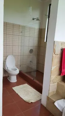 a bathroom with a toilet and a shower with a shower at Casita en la finca Los Bambú in Jaris