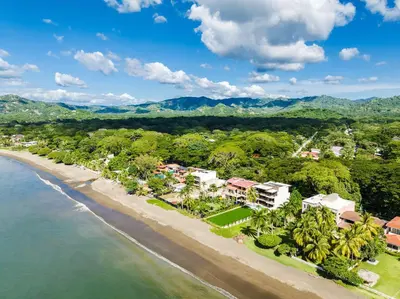 an aerial view of a beach with palm trees and houses at Beachfront Villa, Private Pool & Daily Breakfast in Potrero
