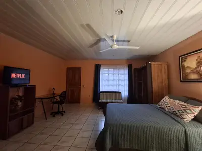 a bedroom with a bed and a ceiling fan at Apartamentos Quepos Malichita Studio in Quepos