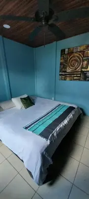 a bed in a blue bedroom with a ceiling at La dulce Casita in Uvita