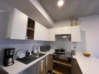 a small kitchen with white cabinets and a sink at La Rana Studio in San José