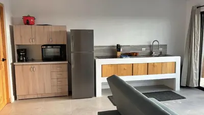 a kitchen with a refrigerator and a sink and a microwave at Cima Del Mar in Sámara