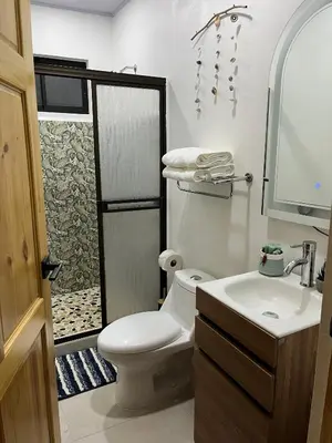 a bathroom with a toilet and a sink and a shower at Cima Del Mar in Sámara