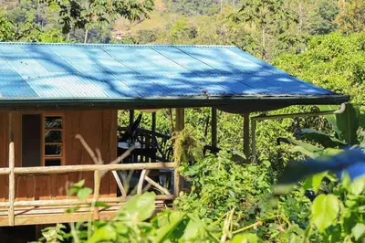 a small house with a blue tin roof at Preciosa Cabaña de Montaña in Turrialba