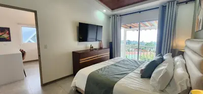 a bedroom with a bed and a tv and a window at Stylish Oasis Retreat with Modern Amenities & Scenic Views in San Rafael