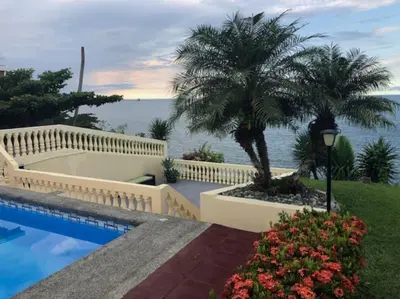 a villa with a swimming pool and a palm tree at Sea view Apartment in Puerto Limón