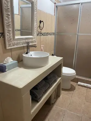 a bathroom with a sink and a toilet and a mirror at Ocean view Apartment in Puerto Limón