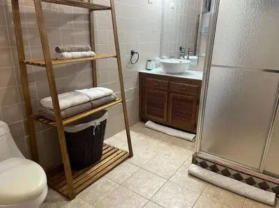 a bathroom with a shower and a sink and a toilet at Ocean view Apartment in Puerto Limón