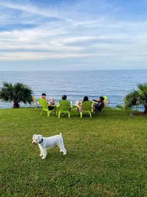 a group of people sitting at a table with a dog at Coral view Apartment in Puerto Limón