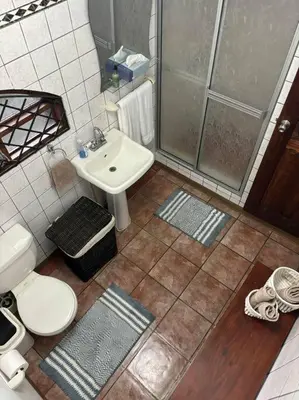 a bathroom with a shower and a toilet and a sink at Coral view Apartment in Puerto Limón
