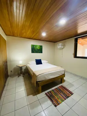 a bedroom with a bed and a wooden ceiling at Casa 1856- cómodas habitaciones en el Centro de Alajuela in Alajuela City