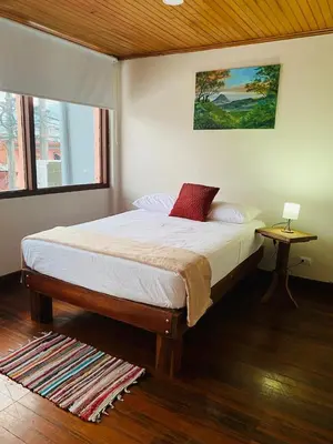 a bedroom with a bed with a red pillow on it at Casa 1856- cómodas habitaciones en el Centro de Alajuela in Alajuela City