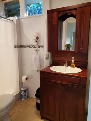 a bathroom with a sink and a mirror at Airport Costa Rica B&B in Alajuela City