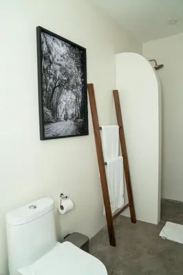a bathroom with a toilet and a picture on the wall at The Beach Break Surf Hotel in Nosara