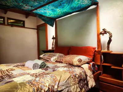 a bedroom with a bed with a canopy and pillows at Cloudbridge Nature Reserve in Herradura
