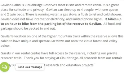 a screenshot of a cell phone screen with a screenshot of a webpage at Cloudbridge Nature Reserve in Herradura