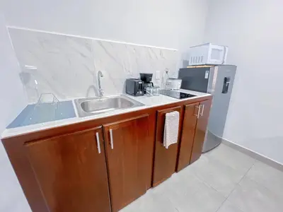 a kitchen with a sink and a refrigerator at Forest apartments studio F2, walking to the beach in Jacó