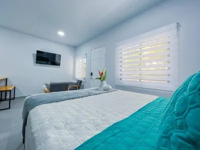 a bedroom with a large bed and a television at Forest apartments studio F2, walking to the beach in Jacó