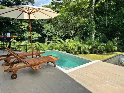 a picnic table and an umbrella next to a pool at Arenal by the river in San Francisco