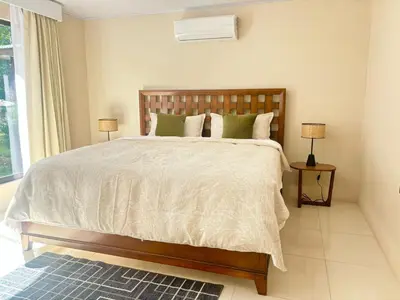 a bedroom with a large bed with green pillows at Arenal by the river in San Francisco