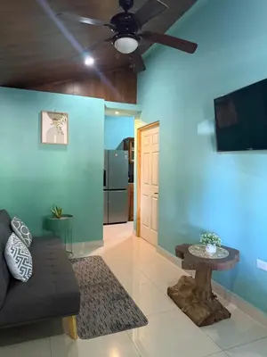 a living room with a couch and a ceiling fan at Casas DiTi in Santa Cruz