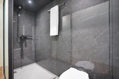 a bathroom with a shower with a toilet at Blue Ridge Retreat in Potrero