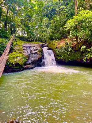a waterfall in the middle of a river at Bus Glamping near La Fortuna with Private Jacuzzi & Breakfast in Santa Clara