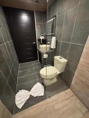 a bathroom with a toilet and a sink at River Paradise Cabin with Private Jacuzzi in Fortuna