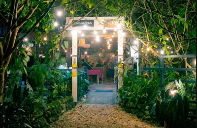a garden shop at night with lights and plants at Cabinas La Fulanita in Nicoya