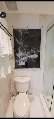 a bathroom with a toilet and a painting on the wall at Lujo al atardecer en Rohrmoser in San José