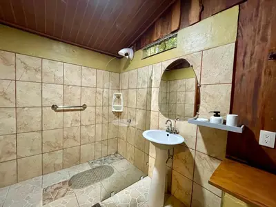 a bathroom with a sink and a shower at Cabañas La Montaña in Monteverde Costa Rica