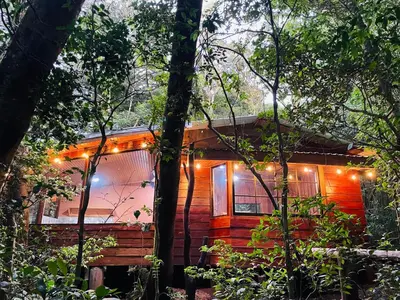 a cabin in the woods with lights on it at Cabañas La Montaña in Monteverde Costa Rica