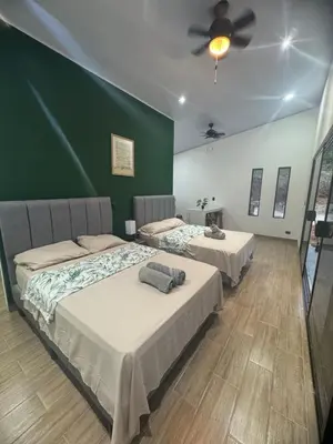 two beds in a room with a green wall at Villa Colibrí a solo 5mins de Playa Carrillo in Hojancha