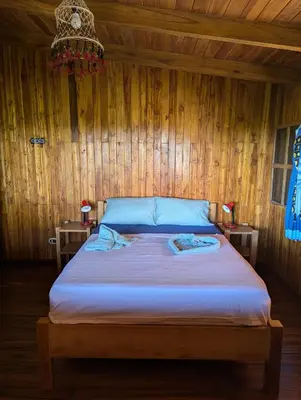 a bedroom with a bed in a wooden room at Casa Escondida 10min from Carrillo beach in Arbolito