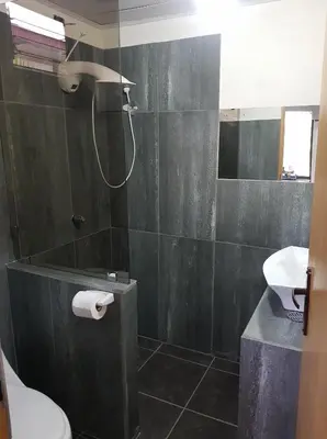 a bathroom with a shower and a toilet and a sink at Cabana Luna in Jicaral