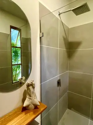 a bathroom with a shower and a mirror at Quintaesencia Arte y Naturaleza in Guápiles