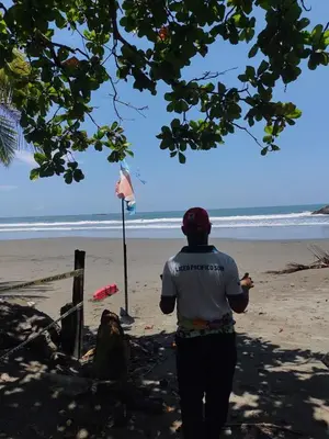 a person walking on a beach with a flag at La Dulce Casita in Uvita