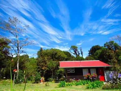 a small house with a red roof in a field at Finca La Picuda Quetzal Cottage in Cartago