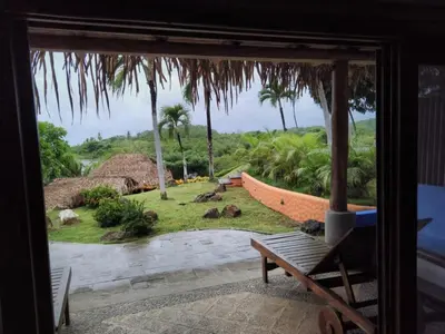 a room with a view of a yard with palm trees at Casa Caletas Boutique Hotel in Puerto Coyote