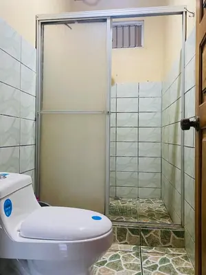 a bathroom with a toilet and a shower at Alojamiento tranquilo rodeado de paz y serenidad in Río Negro