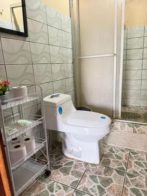 a bathroom with a white toilet and a shower at Alojamiento tranquilo rodeado de paz y serenidad in Río Negro