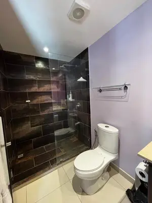 a bathroom with a toilet and a shower at Primium Jaco Bay in Jacó