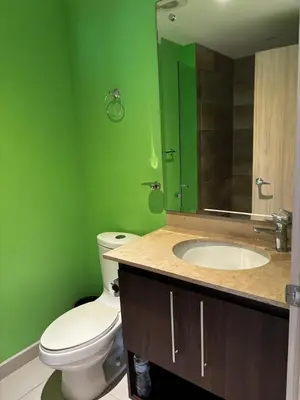 a green bathroom with a toilet and a sink at Primium Jaco Bay in Jacó