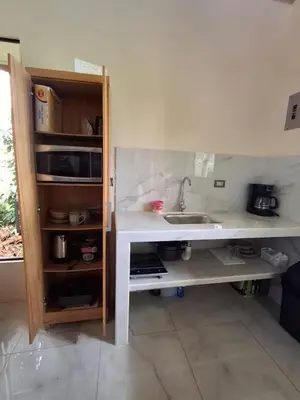 a kitchen with a counter and a sink and a shelf at Casita El Perezoso in San Rafael